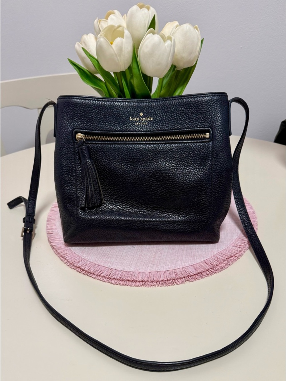 kate spade Black Pebbled Leather Crossbody with Tassel